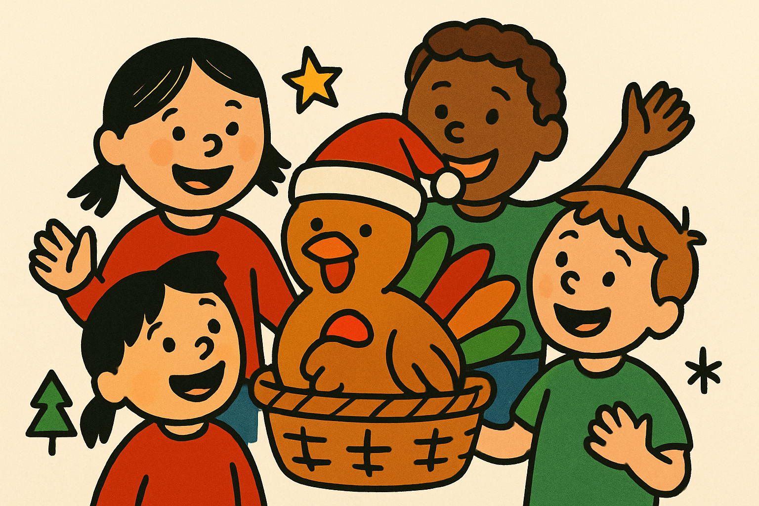 Hand-drawn illustration of happy children with a turkey in a basket